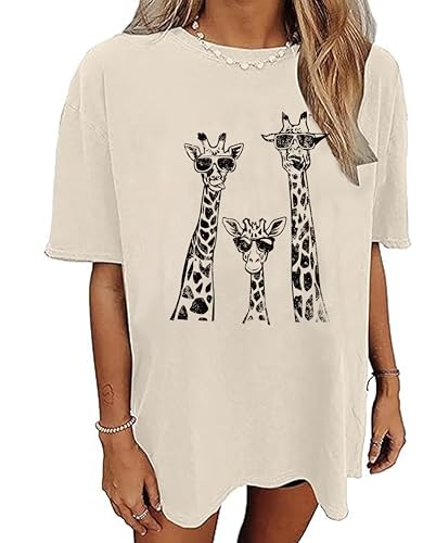 Oversized Graphic Tshirts for Women Animal Print Tops Funny Tiger Giraffe Printed Shirt 2025 Apricot