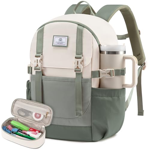 LOVEVOOK School Backpack for Teen Girls, Waterproof Travel College Bookbag for Middle High School with Large Cup Holder & Pencil Case, Fits 15.6'' Laptop, Cute Aesthetic Kids Student Backpack