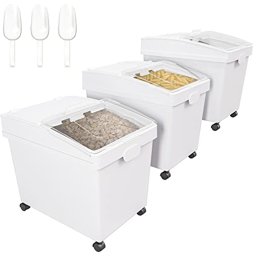 YITAHOME 40L x3(260lb )Ingredient Flour Storage Bin, Commercial 31.5 Gallons(10.5 Gal x3 Pcs) Rice Storage Containers, 750 Cups Flour Bins with Wheels,Clear Sliding Lids and Scoops, for Kitchen, White