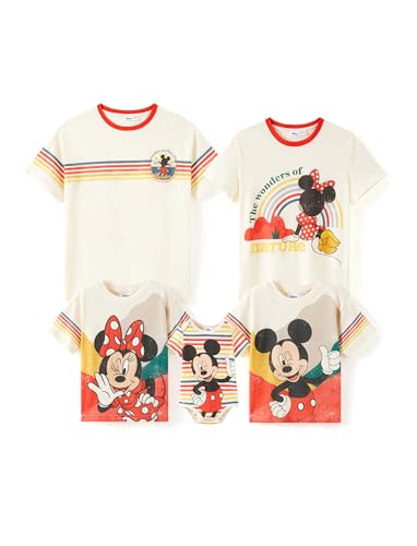 Disney Mickey and Friends Family Matching Outfits Mickey & Minnie Cotton Shirts Crew Neck Tee Top Casual Style Off-White for Couples Size Men L