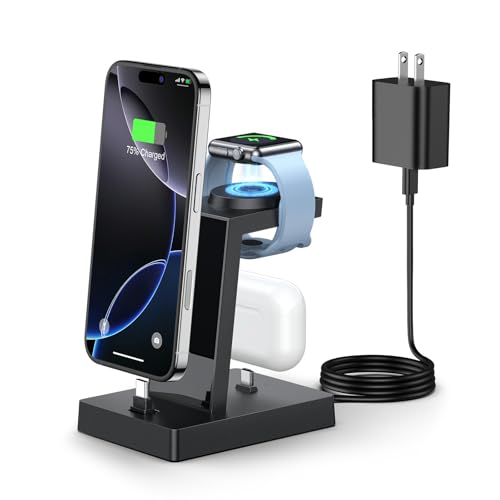 30W Fast 3 in 1 Charging Station for Apple Devices - ADADPU USB C Charger Stand for iPhone 16 15 Pro Max Plus & AirPods 4, Wireless Charger Dock Compatible with Apple Watch Ultra/10/9/8/7/6/5/4/3/2/SE