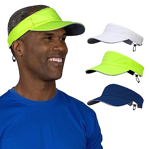 TrailHeads Men’s Sun Visor Hat for Running, Golf and Tennis - Recycled - White-Navy-hi vis