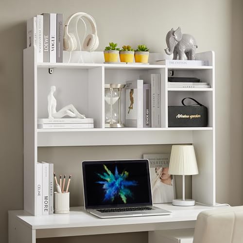 Nromant Desktop Bookshelf, Wooden Desk Storage Hutch with 6 Shelves for Computer Desk, 3-Tier Desktop Display Organizer Rack for Office Home (White)