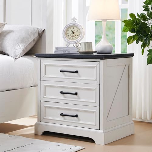 ACCOHOHO Farmhouse Nightstand with Charging Station, 24 Inch Wide End Table with 3 Large Drawers & Bar Handles, Rustic Wood Small Dresser Chest of Drawers for Bedroom, Living Room, Closet, Off White