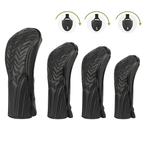 Head Covers for Golf Clubs - 4pcs Golf Club Head Covers for Woods and Driver Fairway Hybrid with Interchangeable Tags for Golf Accessories - Black