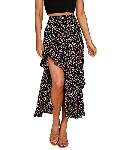 BTFBM Women 2025 Summer Spring Boho Long Skirts Dress Floral Print Elastic Waist Split Ruffle High Low Beach Maxi Skirt(Z-Black, Medium)
