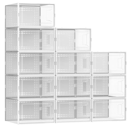 Secret Space 12 Pack Extra XX Large Shoe Organizer Storage Boxes for Closet, Modular Space Saving Shoe Boxes Clear Plastic Stackable Sneaker Containers Display Case with Lids, White02