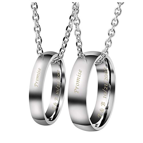 Personalized Master Custom Engraved Name His & Hers Real Love Matching Rings Set Stainless Steel Couples Pendant Necklaces for Engagement Wedding Anniversary Valentine's Day (Engraving)