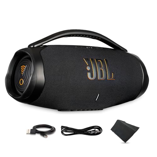 JBL Boombox 3 Wi‑Fi Portable Bluetooth Speaker (Black) | Party‑Ready Outdoor Sound | IP67 Waterproof | Multi‑Room Wi‑Fi & True Wireless Stereo + USB-C Cable + Microfiber Cloth