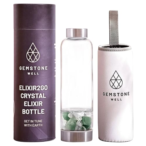 Crystal Water Bottle Elixir Set | Includes Authentic Green Beryl & Clear Quartz Healing Crystals | Black Neoprene Sleeve | Drink Gem Infused Water On The Go