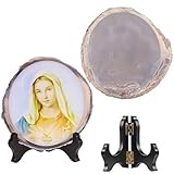 mookaitedecor Natural Agate Slice Art Print Virgin Mary Portrait Table Display with Wooden Stand, Irregular Agate Geode Stone Figurine for Office & Home Decoration