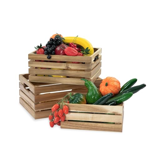 VICTORY RELAX Nesting Wood Storage Crates (Set of 3) - Light Natural Acacia Wood Stackable Wooden Boxes for Storage & Organization - Decorative Wooden Basket Set for Fruits, Shelving & Home Decor