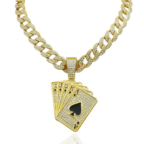 CAVIEA Poker CZ Playing Card Ace Pendant Cuban Chain Link Choker Necklace for Men Women Fake Diamond Iced out Bling Hip-hop 90s Rapper Costume Lucky Party Jewelry