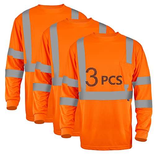LX Reflective Safety Shirt Long Sleeve High Visibility Reflective Breathable Unisex Fast Dry T Shirt for Work Warehouse Construction Class 3(Orange-3Pcs, XL)