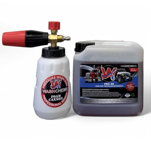 Wash Chems PRO-50 Touchless Car Wash Detergent Soap with Professional Foam Cannon (1 Gallon, 128 oz) No Brushing, Commercial Grade Auto Cleaner Great for Trucks & Tractors