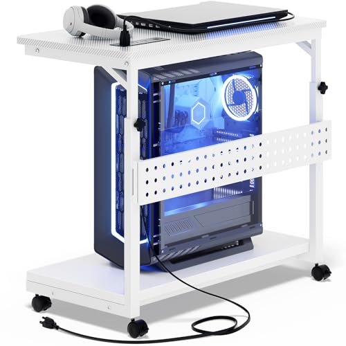 Computer Tower Stand with Power Strips, Height Adjustable PC Tower Stand/Cart with Wheels, Mobile Rolling CPU Holder, Computer Cart Side Stand for Computer Desk, 24", Carbon Fiber White