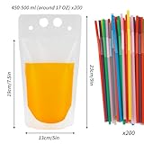 Tomnk 200PCS Drink Pouches, Drink Pouches with 200 Straws, Juice Pouches Smoothie Pouches Hand-held Translucent Reusable Plastic Smoothie Drink Pouches