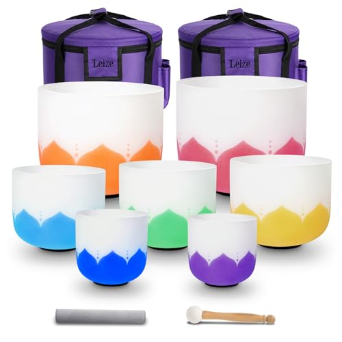 Leize 6-12 inch Lotus Design Chakra Tuned 432hz Set of 7 Quartz Crystal Singing Bowls with Heavy Duty Carrying Cases and Singing Bowl Mallet Suede Strikers