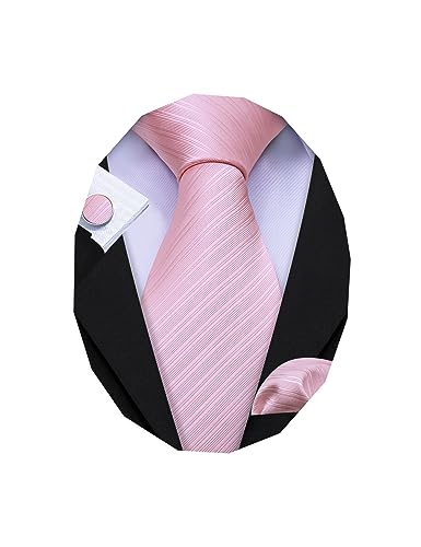 Barry.Wang Stripe Men Ties Set Classic WOVEN Necktie with Handkerchief Cufflinks Formal Bright Pink