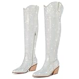 RONILURN Women Rhinestone Over the Knee Cowboy Boots, Sparkly Bling Cowgirl Boots Western Thigh High Boots Pull-On Side Zippers Chunky Heel Pointed Toe Size5-12 For Fashion&Daily