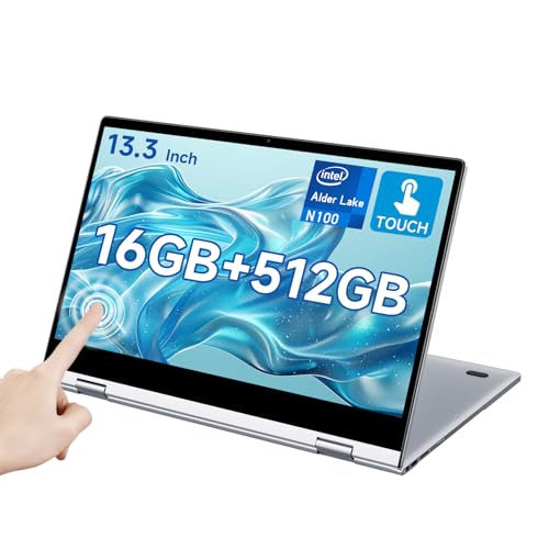 Bmax 2 in 1 Touchscreen Laptop, 13.3" FHD IPS Touch Display, Intel 12th Gen N100 Processor(up to 3.4GHz), 16GB DDR5 RAM 512GB SSD, Backlit Keyboard, Bluetooth 4.2, WiFi 5.0, Light&Thin