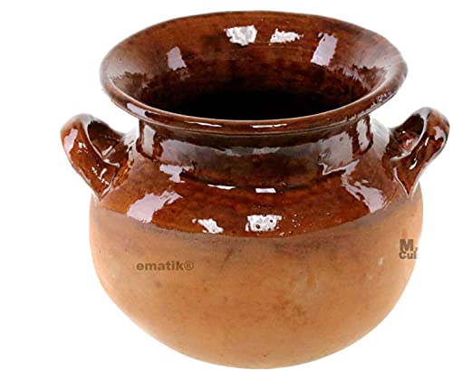 Olla Frijolera De Barro 1.5 Qt. Mini Traditional Handmade Mexican Authentic Artisan Barro Clay 100% Stockpot with Brown Glaze Interior Finish