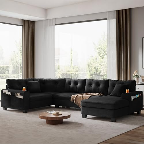 YITAHOME Oversize U-Shaped Sofa with Cup Holders, Cat Scratch-Proof Fabric Sofa Couch with Deep Seat and Wide Armrest, Modern 6-Seater Sectional Couch for Living Room Office Apartment, Black