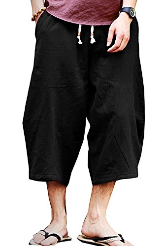 KAMUON Mens Casual Baggy Cotton Linen Pocket Lounge Harem Pants Beach Long Shorts (US L = Asian Tag 3XL : waist 36"-37", Black)