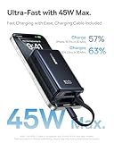 Baseus Power Bank, Picogo 10000mAh 45W 3-Output Portable Charger with Built-in USB-C Cable, PPS/PD QC Fast Charging External Battery Pack for iPhone 16/15/14/13 Series, Samsung, MacBook Pro, iPad