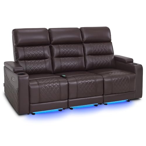 MCombo 77.6" 3 Seats Power Reclining Sofa for Living Room with Adjustable Headrest, Home Theater Seating with USB & Type C Port, LED Light & Armrest Storage HTS564 (Brown)