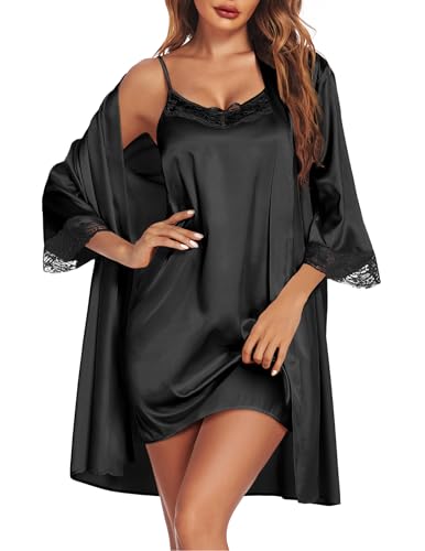 Ekouaer Sleepwear Women's Satin Nightgown with Robes Set 2 Piece Sexy Lace Cami Nightwear Black L