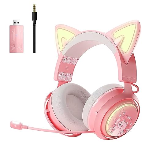 SOMIC Cat Ear Headphones, 2.4G/Bluetooth Wireless Gaming Headset for PS5, PS4, PC with RGB Lights and Retractable Mic, 10Hrs Playtime, 7.1 Surround Sound for Laptop, Smartphone-GS510 Pro - Pink