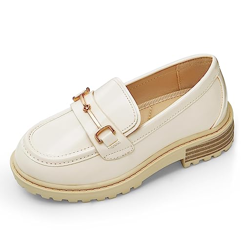 Coutgo Girl's Platform Loafers Slip On Chain Chunky Heel Leather Flats Round Toe School Uniform Dress Shoes Beige