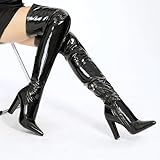 Wsheliu Over The Knee Black Boots for Women Chunky Heel Knee High Boots Size 12 Thigh High Boots Tall Black Boots Patent Leather Pointed Toe Long Boots