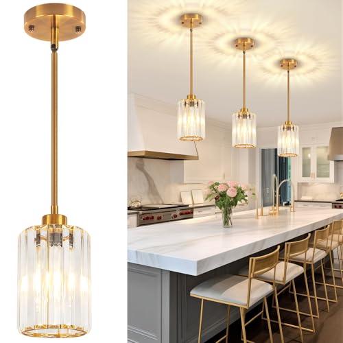 ZSMIHDOH 3 Pack Pendant Light Fixtures Modern Crystal Mini Pendant Lighting Kitchen Island, Brushed Gold Pendant Light for Hallway Dining Room Corridor Bedroom