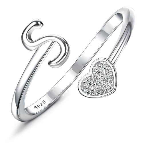 MILACOLATO 925 Sterling Silver Ring 18K White Gold Plated Initial Heart Rings Adjustable Capital Letter Initial Rings for Women Stackable Thumb Pinky Rings Trendy Stuff, S