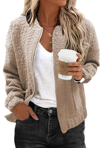EVALESS Casual Jacket for Women Lightweight Womens Spring Outfits Cute Floral Bomber Jackets Short Summer Outerwear for Womens Trendy 2025 Stand Collar Long Sleeve Zip Up Top Work Clothes, Beige Large