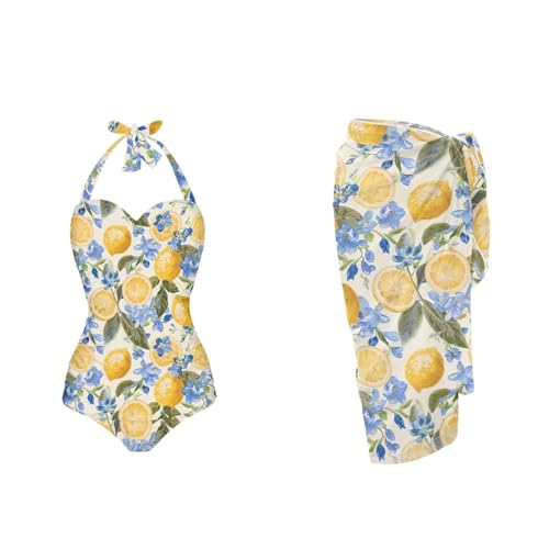 Zarisguat Retro Lemon Women One Piece Swimsuit with Long Cover up Wrap Skirt Floral Printed Two Piece Bathing Suit Retro Swimwear Summer Beach Outfit M