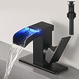 Kroias Matte Black LED Waterfall Bathroom Faucet, Single Hole Bathroom Sink Faucet, 3 Colors Light Changing Single Handle Vanity Faucets with cUPC Supply Lines, Stainless Steel