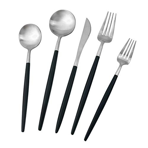 Gugrida Black Silver Flatware, Royal 20 Piece Matte Black Handle 18/10 Stainless Steel Tableware Sets for 4 Including Forks Spoons Knives, Camping Silverware Travel Utensils Set Cutlery (Black Silver)