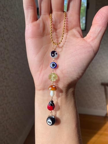 Evil Eye Car Hanging Ornament,Good Lucky Days Car Charm,8 Ball Mushroom Four-Leaf Clover Pendant for Car Rear View Mirror,Cute Boho Evil Eye Ladybug Yin Yang Symbol Car Decor Accessories