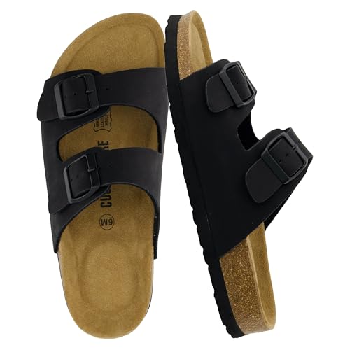 CUSHIONAIRE Lane Cork Footbed Sandals for Women – Comfortable Double Buckle Slip-On with Genuine Suede Footbed & Arch Support Slides for Women Footwear, BLACK 7.5