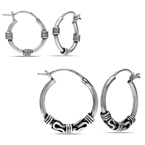 LeCalla 925 Sterling Silver Small Bali Hoop Earrings for Women Teen | Set of 2 Pairs Antique Tribal Balinese Earrings | Classic Click-Top Hoops Earring (14MM, 16MM)