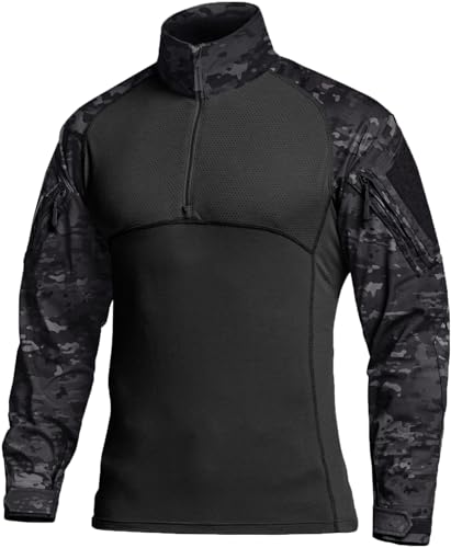 CQR Men's Combat Shirt Tactical 1/4 Zip Long Sleeve Military BDU Shirts Camo EDC Top with Pockets, Raider Utility Camo Black, Large
