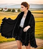 Tngan Faux Fox Fur Trim Cardigan Cloak Shawl Wraps Winter Poncho Oversized Cape Black