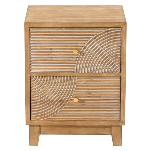 2-Drawer Farmhouse Nightstand, Mid Century Nightstand Fully Assembled with Handcrafted Wood Ring Pattern for Boho, Mid-Century, Rustic Style, Natural Wood