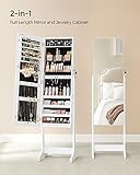 SONGMICS Jewelry Cabinet Armoire, Freestanding Lockable Storage Organizer Unit with 2 Plastic Cosmetic Storage, Full-Length Frameless Mirror, for Necklace Earring, White UJJC002W01