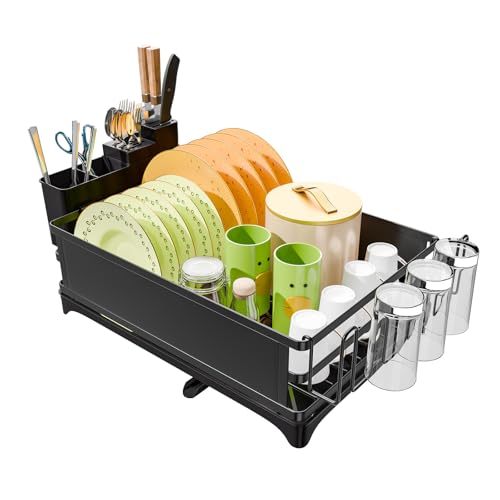 Simple Trending Dish Rack, Steel Dish Drying Rack for Kitchen Counter, Dish Drainer with Cutlery Holder for Large Capacity, Dish Drying Rack with drip Tray, Black