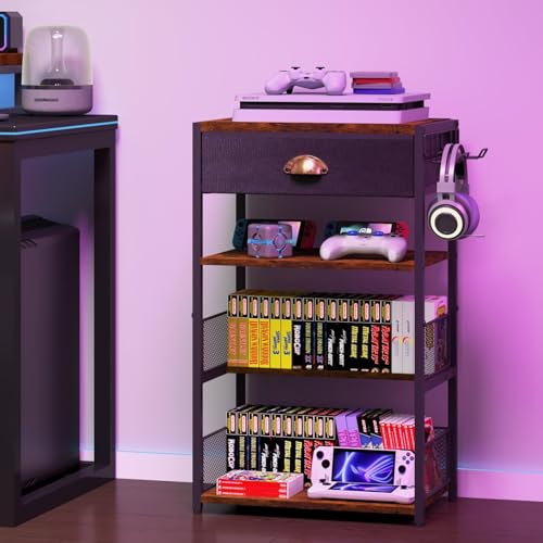 Hongtamoya 4-Tier AV Media Stand with Drawer, Video Game Console Shelf with 2 Hooks, Audio Rack Tower Perfect for/Xbox/ PS5/Switch/Game Consoles/DVD/Record Player/Projector/Sky Box/TV Accessories