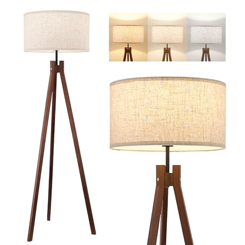 ELYONA Wood Tripod Floor Lamp, Mid Century Reading Standing Lamp with 3 Color Temperatures & Linen Shade, Modern Night Light for Bedroom, Farmhouse, Living Room, Office, 9W LED Bulb Included, Brown
